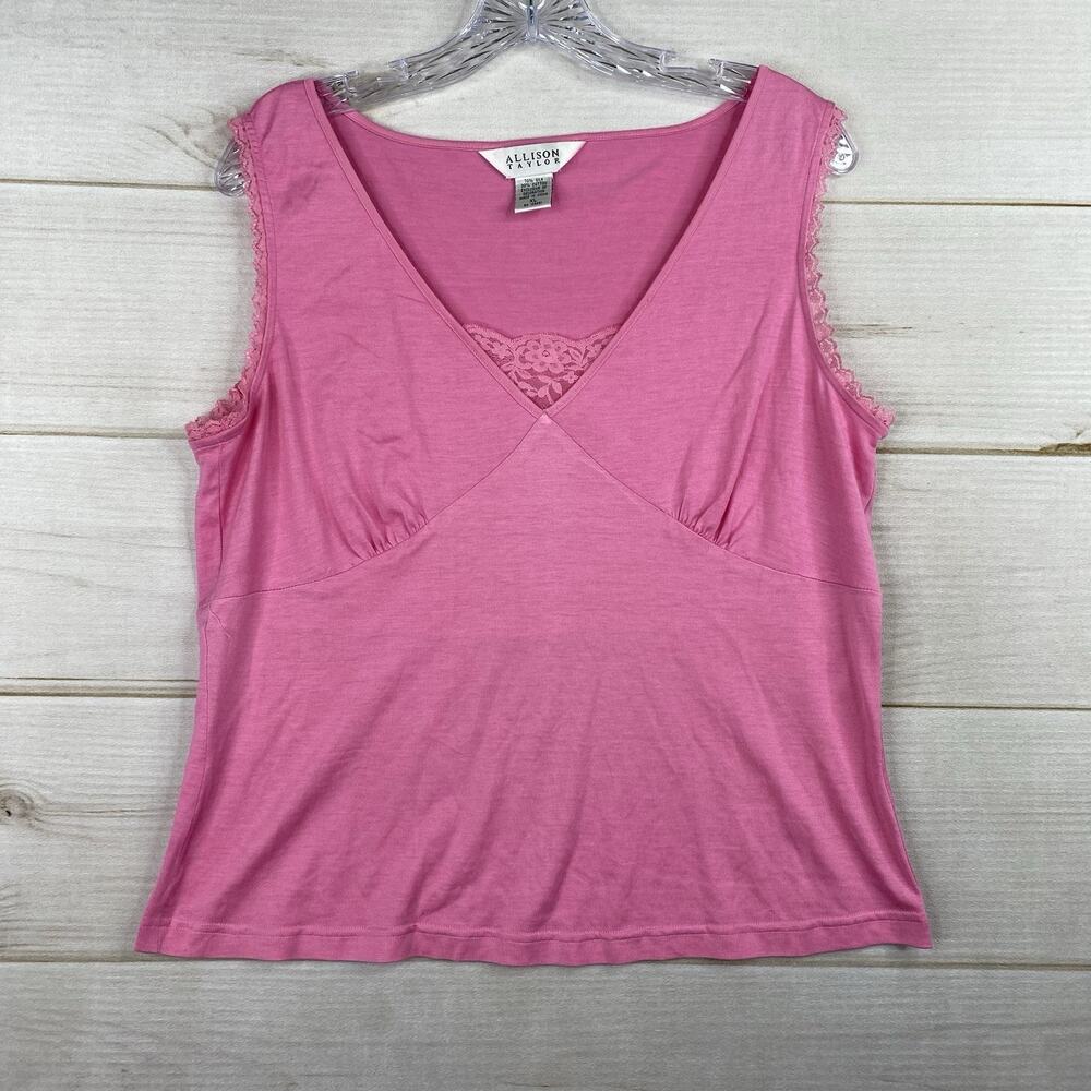 Vtg Allison Taylor Top Womens XL Pink Lace Trim Silk Blend V Neck Stretch Retro